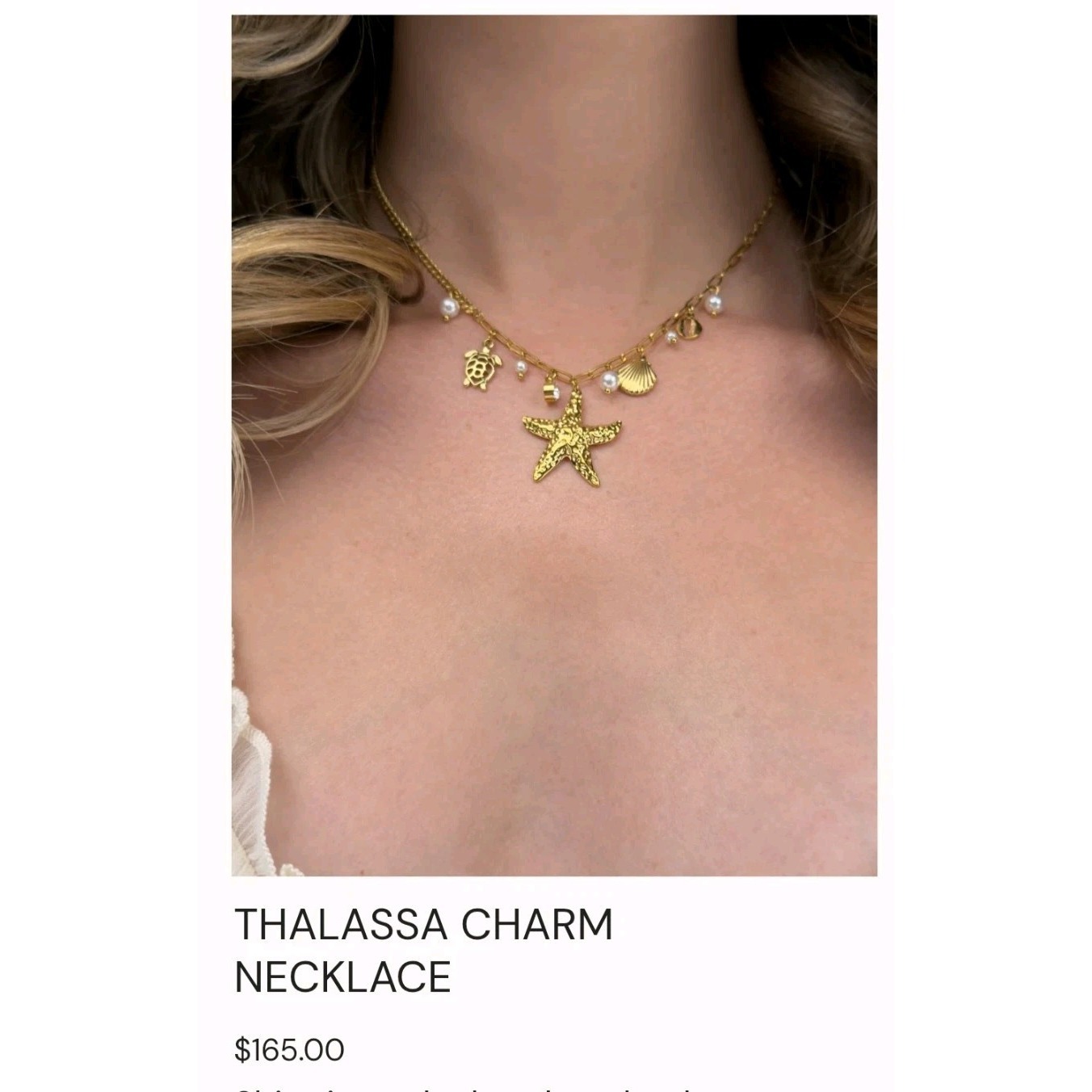 Oshena Gold Tone Charm Necklace With Pearl, Sea Star, Shell, Turtle. Waterproof